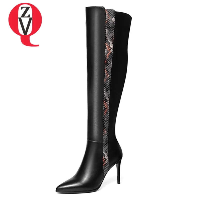 

ZVQ shoes women 2018 new pointed toe super high thin heels zip mixed colors genuine leather fashion sexy party over knee boots