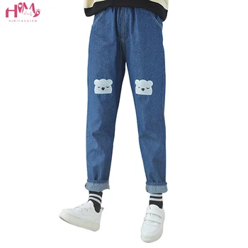 

Harajuku Cute Bear Pattern Embroidery Women Jeans Preppy Style High Waist Boyfriend Denim Pants Jean Autumn Casual Long Trousers