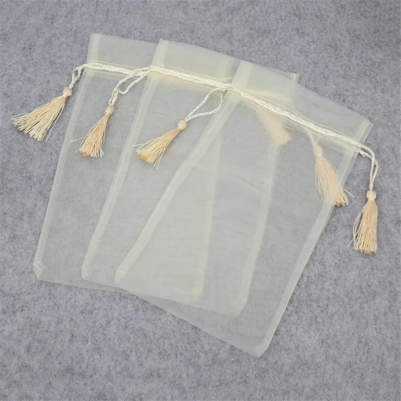 

10x15 15x28cm Tassel Decor Drawstring Gifts Organza Bags Wedding Christmas Party Favors Packaging Light Yellow Jewelry Pouches