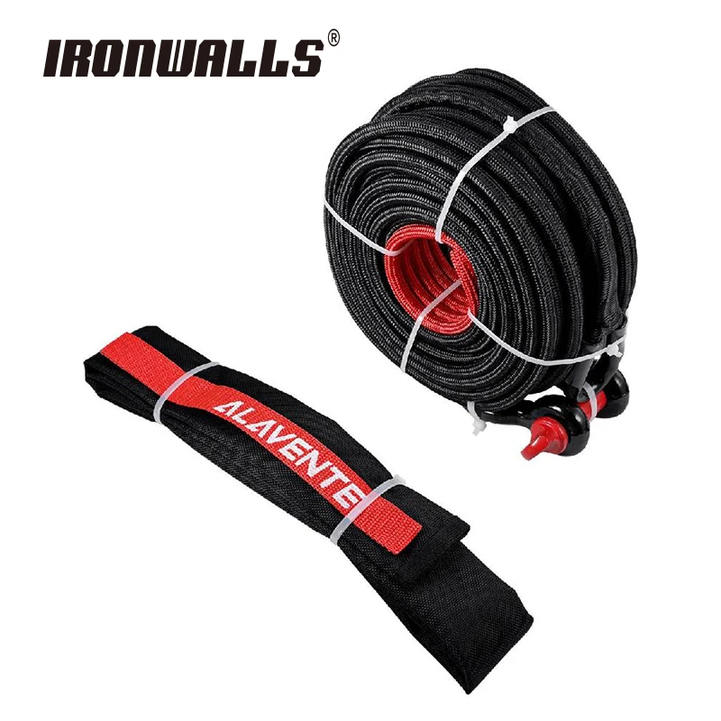 

Ironwalls Black Dyneema 95ft 3/8" Winch Rope Useful Kit Bow Shape Buckle 4.92ft Protective Sleeve Alavente Logo Belt 20500 LBS