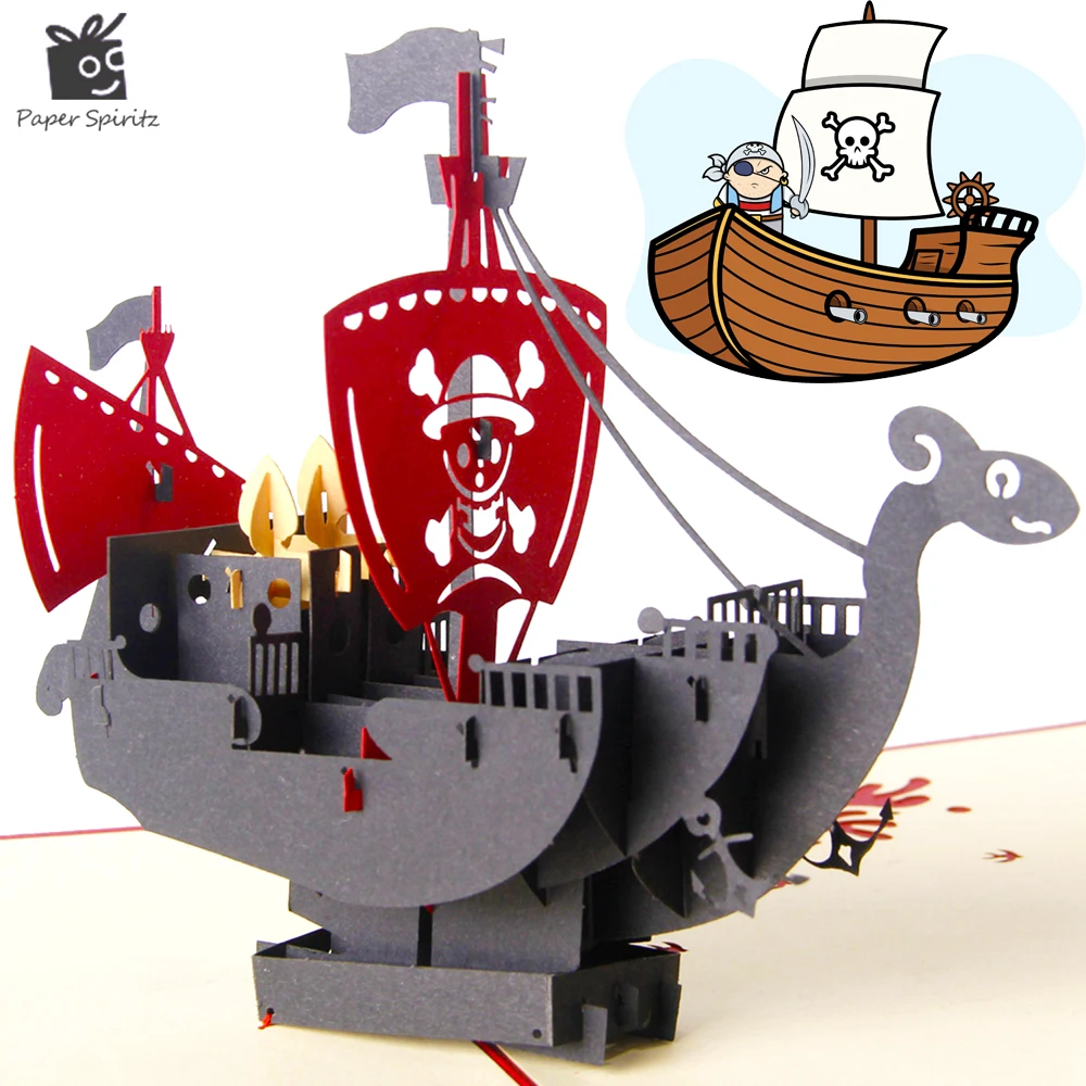 

3D pop up Cartoon Pirate Paper Origami & Kirigami Laser cut postcards vintage greeting Happy birthday cards with envelop anime