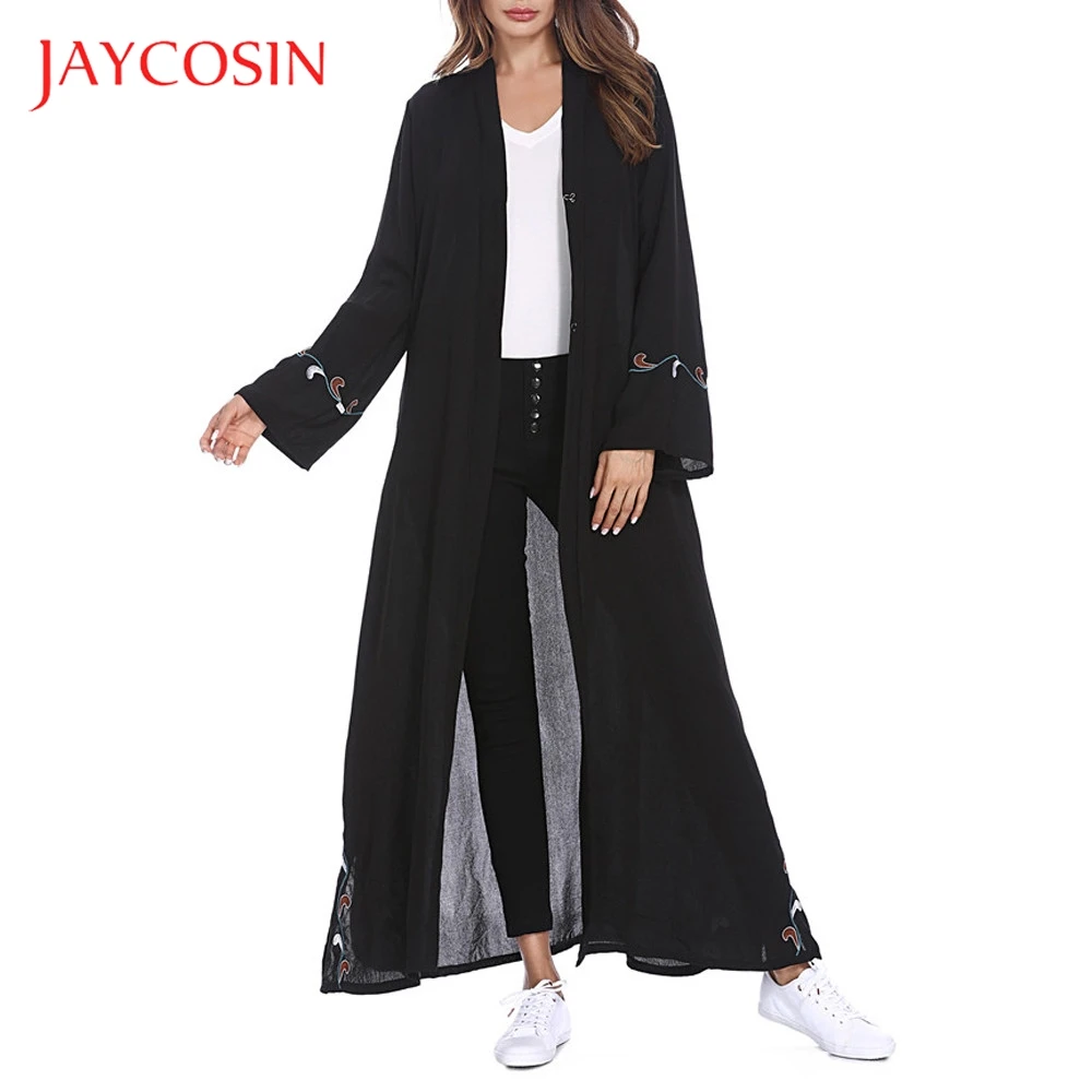 JAYCOSIN Women Islamic Embroidered Cardigan Long Coat Muslim Middle East Robe Polyester Material Solid Pattern | Тематическая