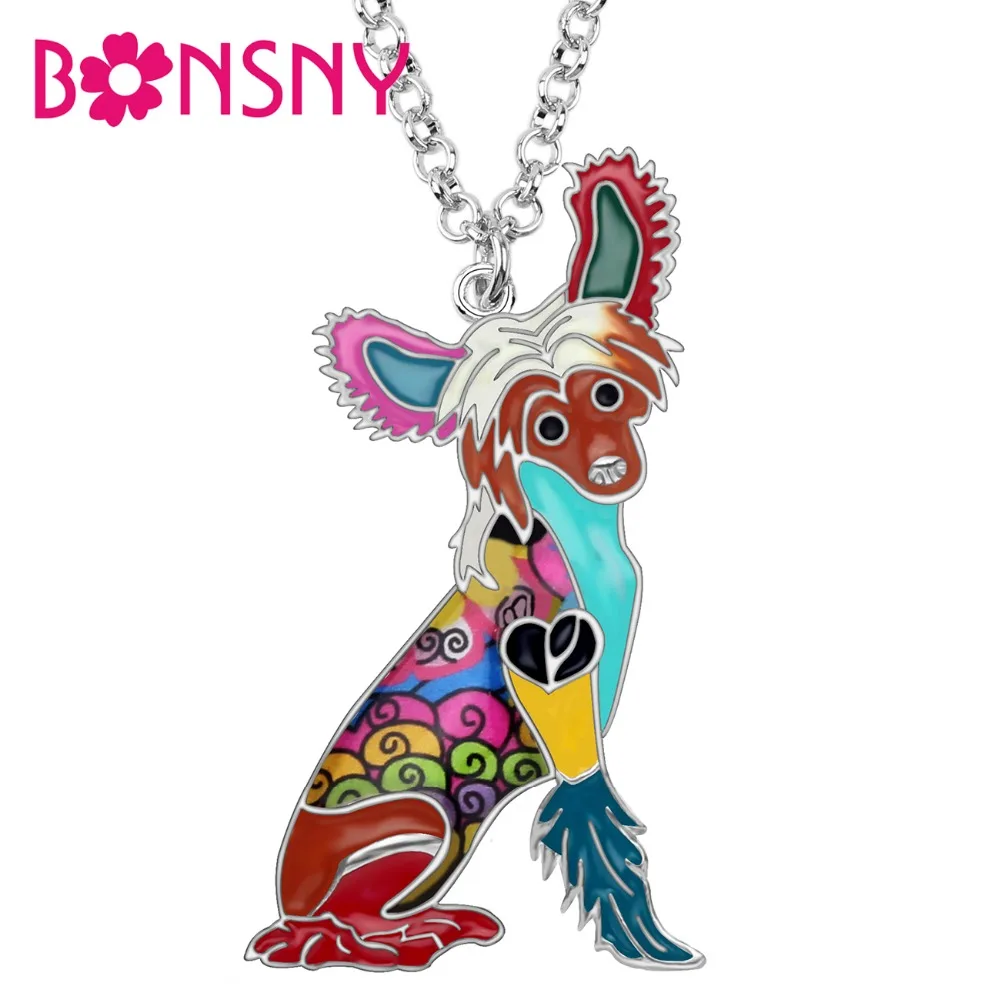 

Bonsny Enamel Alloy Sitting Chinese Crested Dog Necklace Pendant Chain Choker Unique Animal Pets Jewelry For Women Girls Gift