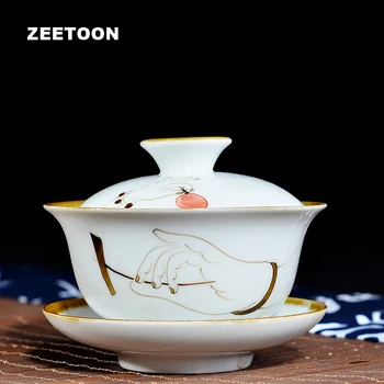 

Zen Japanese Style Vintage Hand Painted Gaiwan White Porcelain Kung Fu Tea Set Tea Bowl Master Tea Cup Creative Teapot 150ml New