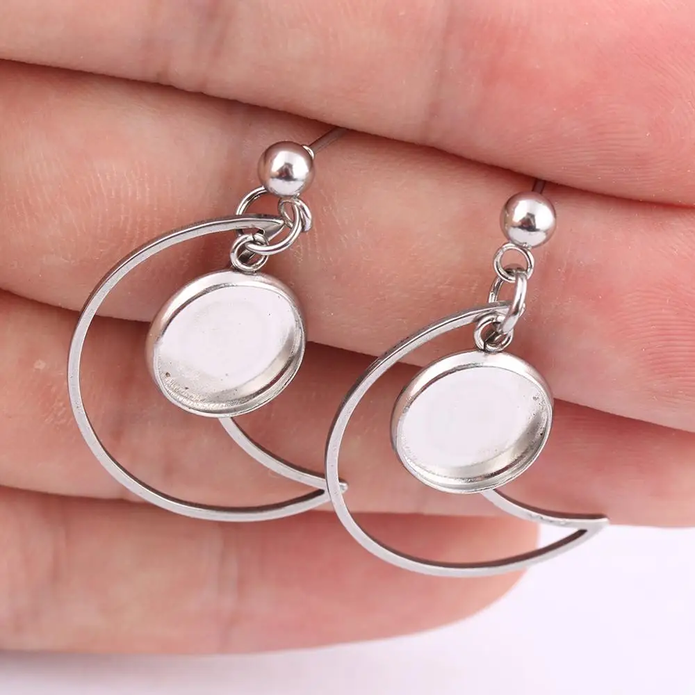 

10pcs Stainless steel post stud earring findings fit 8mm 10mm cabochon earrings base setting blanks with moon charms diy bezels