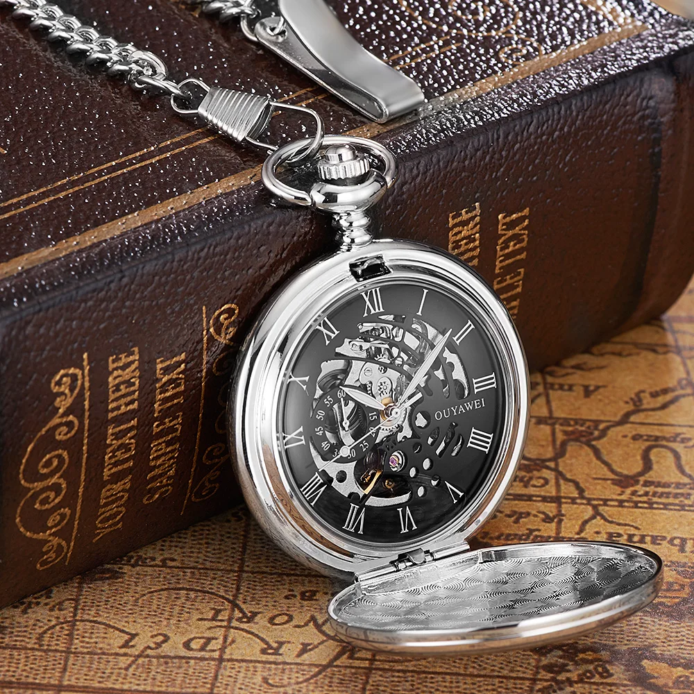 Antique Skeleton Mechanical Pocket Watches Men Chain Necklace Fob Watches Luxury Business Casual Pocket watch gift 3