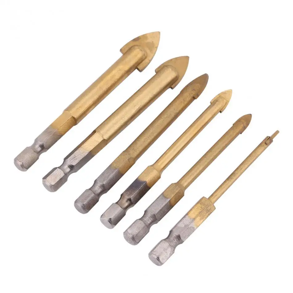 6PC Tungsten Carbide Glass Drill Bit Set Titanium Coated with 1/4" Hex