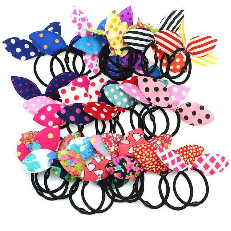 New Kawaii Bunny Girls Flower Dot Print Headbands Rabbit Ears Fabric Headwear Black Elastic Hair Band