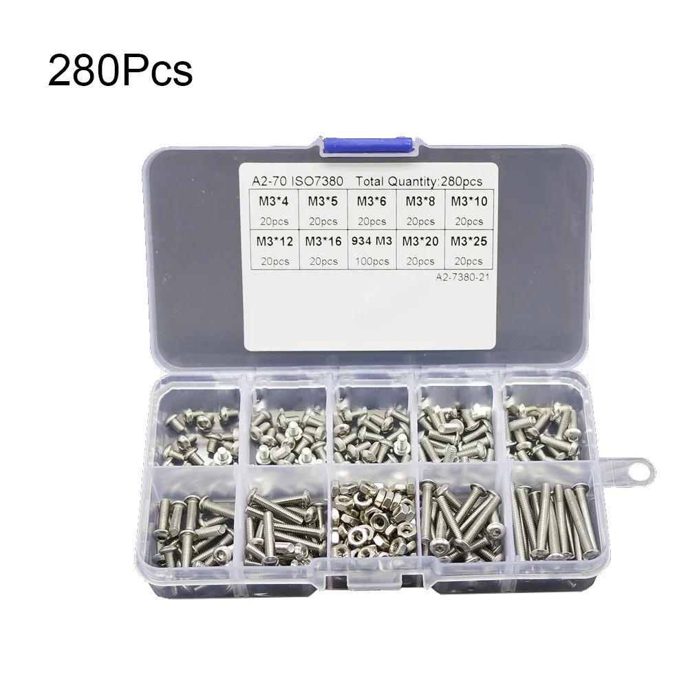 

280pcs M3 (3mm) 304 Stainless Steel Button/Cap Head Allen Bolts Hexagon Socket Screws With Hex Bolt Nuts Assortment Kit 5-20mm