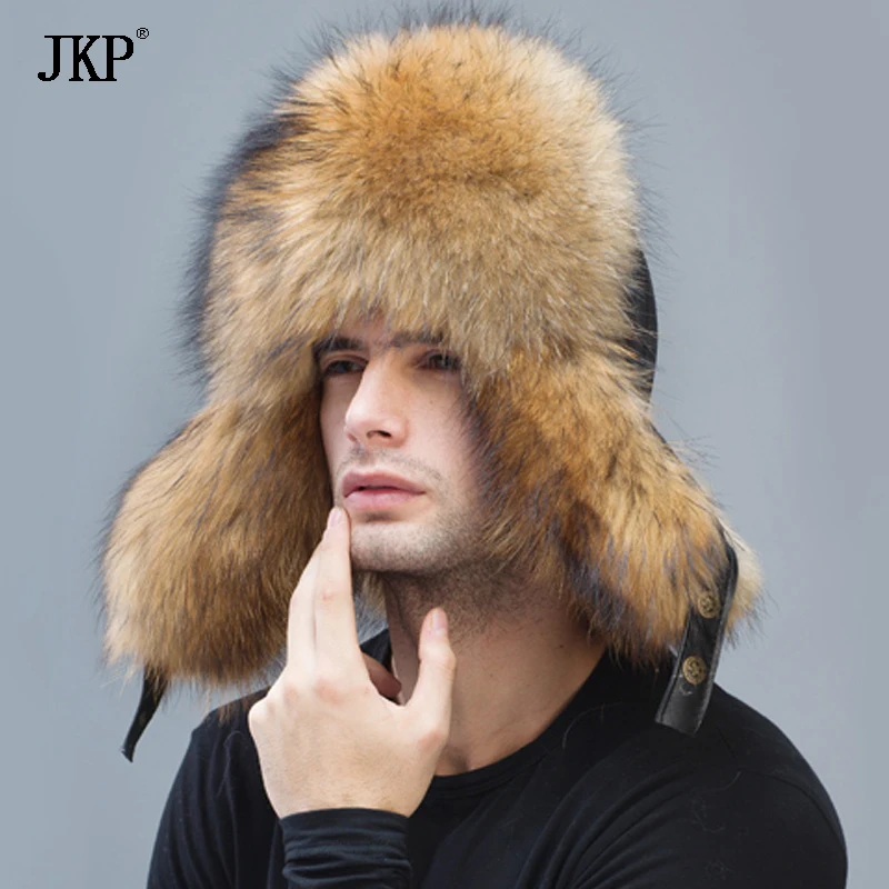 

JKP winter men real fox fur hats russian fashion silver fox fur cap protect ear warm high quality bomber hat
