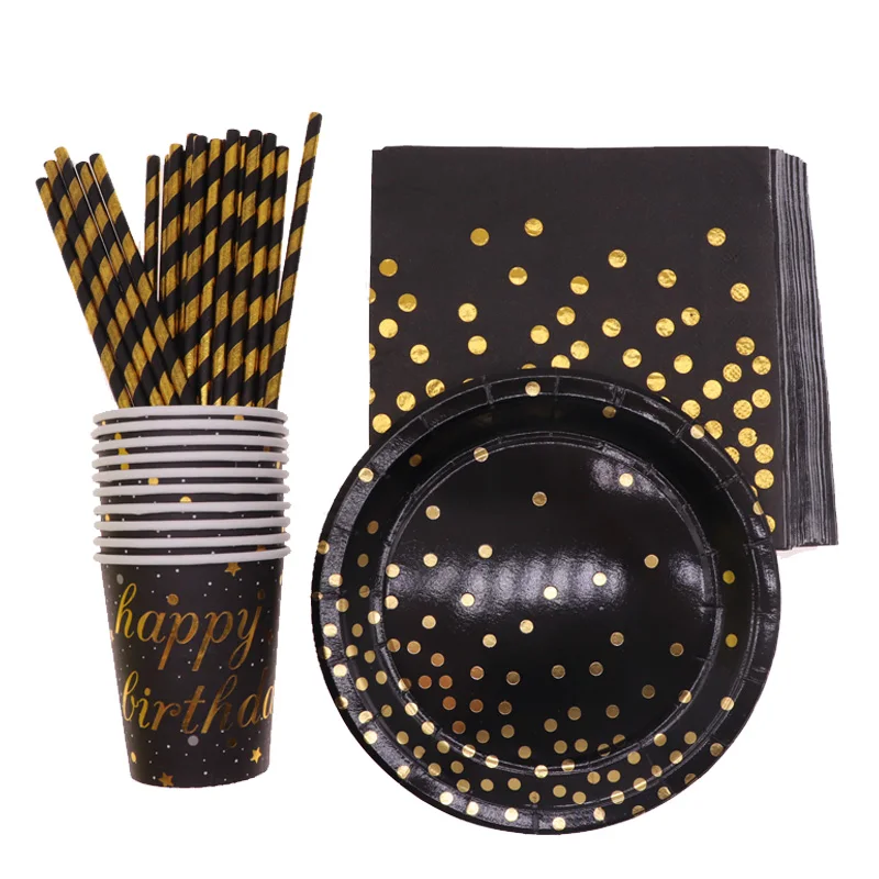

65pcs / black gold foil dot party decoration disposable cutlery paper cup birthday wedding children baby bath products