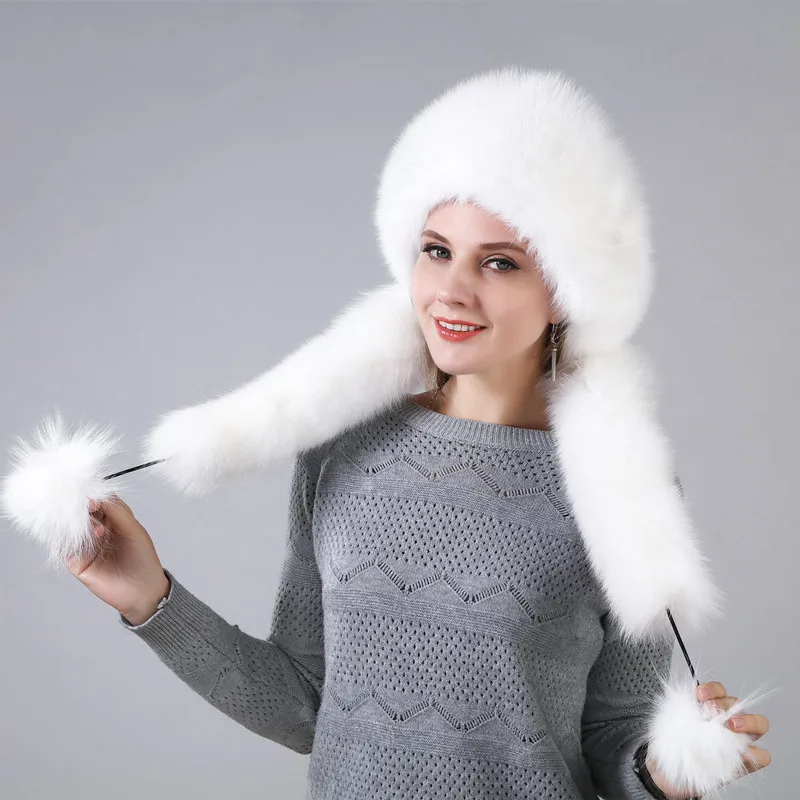 Sombrero de invierno de mujer con piel de zorro Natural Real longitud Extra se puede utilizar como bufanda con colgante cadena en las tapas traseras - 4