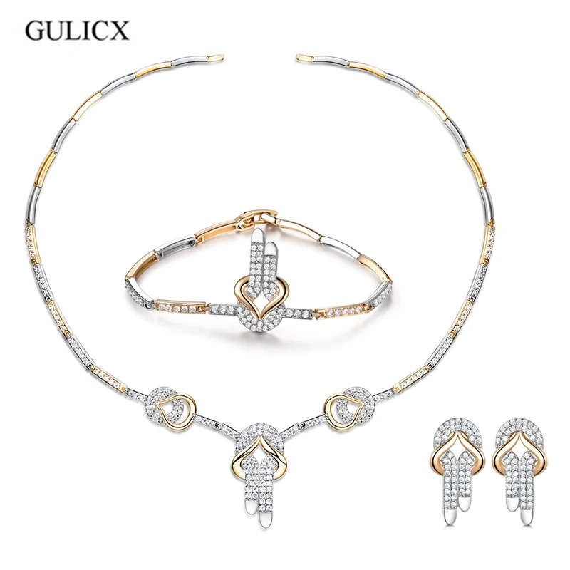 

GULICX Luxury Jewelry Sets Women Earring & Necklace & Bracelet Shining Cubic Zircon For Bridal Wedding Fashion Accessories