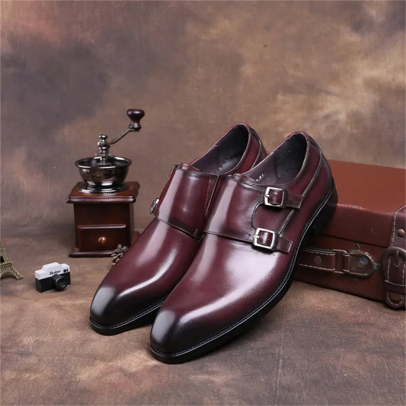 Модные черные/коричневые туфли с двойным ремешком; Мужские модельные туфли в деловом стиле; свадебные туфли из натуральной кожи; официальная обувь для мальчиков