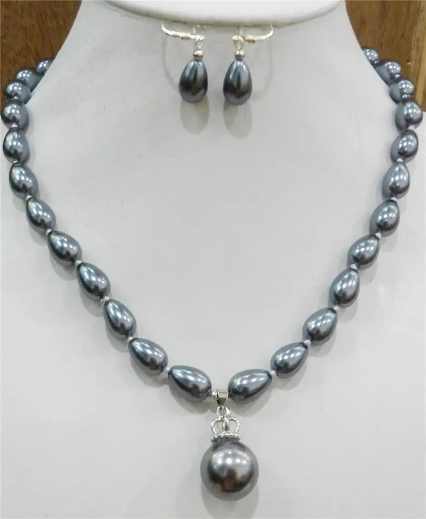 

FREE shipping>>>>>>Teardrop Dark Gray Akoya Cultured Shell Pearl Necklace Earring & 16mm Pendant AA set