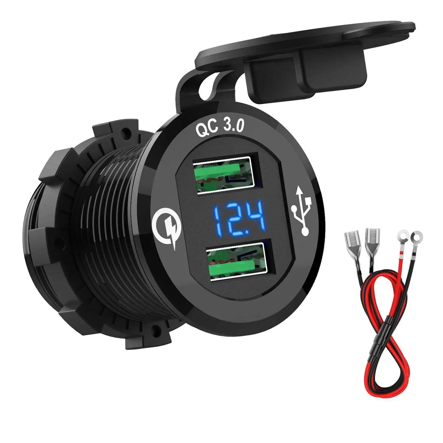 

12V/24V Quick Charger 3.0 QC3.0 Waterproof Dual USB Car Charger Voltmeter 60cm cable 10A FUSE for Car Boat Motorcycle Truck Golf