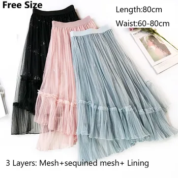 

Free Size Women Spring Sweet Skirts Elastic High Waist Korean 3 Layers Mesh+Sequined Mesh+ Lining Mid-calf Skirt For Mujer