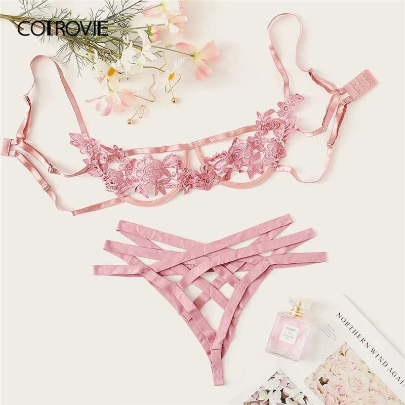  COLROVIE Pink See Through Harness Appliques Sexy Bra And V-Strings Lingerie Set Women Intimates 201