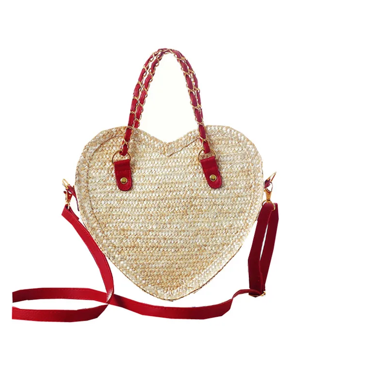 Travel holiday shopping totes lovely heart shape women handbags handmade knitted shoulder bag summer wheat straw