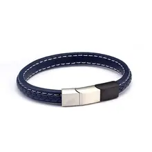 Спортивная Дизайн мужской синий звено цепи из натуральной Кожаные браслеты Нержавеющая сталь Магнитная застежка Для мужчин Для женщин Шарм Браслеты
