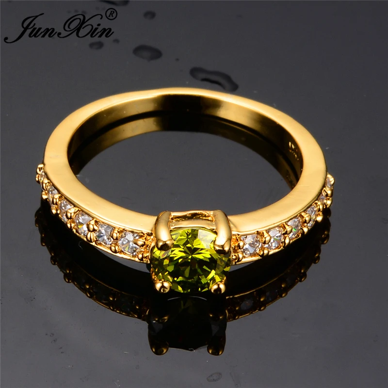JUNXIN Перидот круглое женское кольцо с цирконом желтое золото заполнено оливково-зелеными кристаллами ювелирные изделия винтажные Свадебные Кольца для женщин Bague