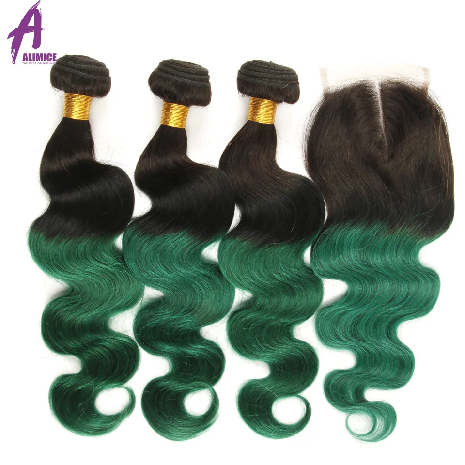 Alimice Ombre Bundles With Closure 1B/Green Colored Human Hair 3 Bundles With Closure Brazilian Body Wave Bundles With Closure