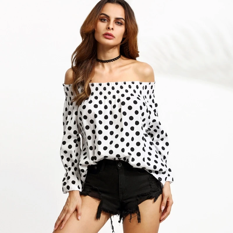 White Polka Dot Off The Shoulder Shirred Top Women's Slash Neck Long