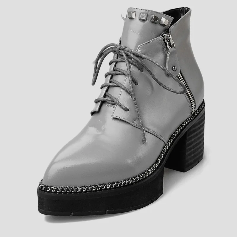 Krazing Pot/кожаные туфли с натуральным лицевым покрытием на высоком каблуке и платформе с острым носком на молнии с заклепками; модные дизайнерские ботинки в европейском стиле; L0f1 - Цвет: Серый
