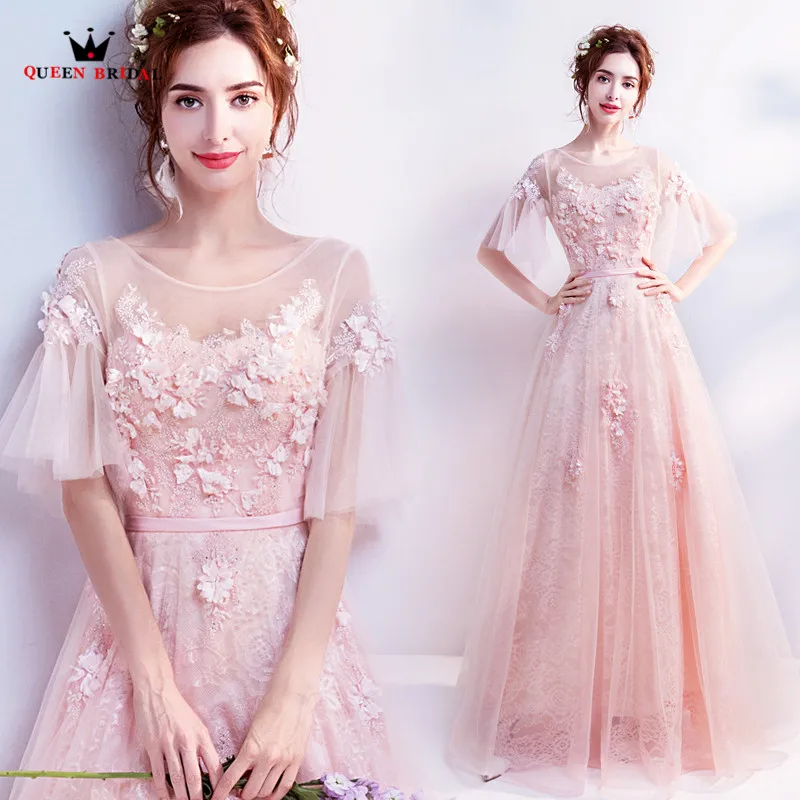 

QUEEN BRIDAL 2018 New Evening Dresses Pink Flowers Beading Flowers Prom Party Dress Vestido De Festa Robe De Soiree Elegant LS04