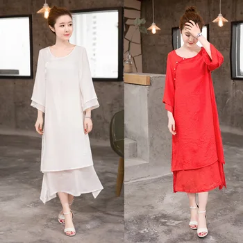 

2019 Summer New Chinese Feng'sliterary False Two Vintage Fairy Cotton Dress full solid o-neck mid-calf dresses women vestido
