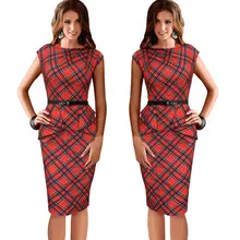 2016 New Womens Vintage Elegant Belted Tartan Peplum Ruched Tunic Work Party Sleeveless Bodycon Sheath Dress