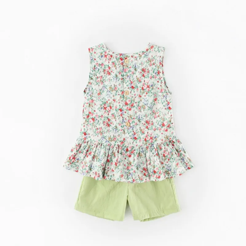 Одежда для девочек Лето г., детский жилет с короткими рукавами и цветочным принтом детские шорты хлопковый костюм из двух предметов детская одежда