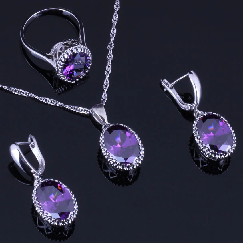 

Flawless Big Oval Purple Cubic Zirconia Silver Plated Jewelry Sets Earrings Pendant Chain Ring V0265