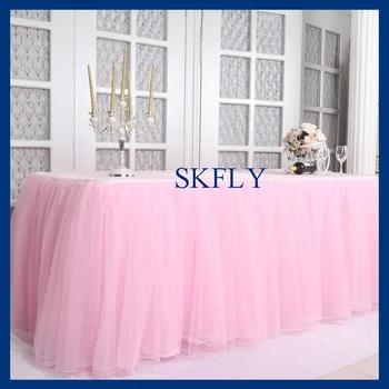 

SK005H elegant 6ft rectangle 30'' wide, 72'' long, 30'' drop, baby pink tulle table cloth with top or long tulle table skirt