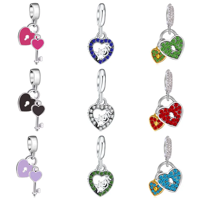 

Fresh Style Hollow Lock Key Crystal Heart Adorable Beads Fit Original Charms Bracelets Women Making Jewelry Valentine's Day Gift