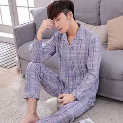 Осень вязаный хлопок для мужчин пижамы наборы для ухода за кожей повседневное сна и Lounge мужской Пижама клетчатая Размер