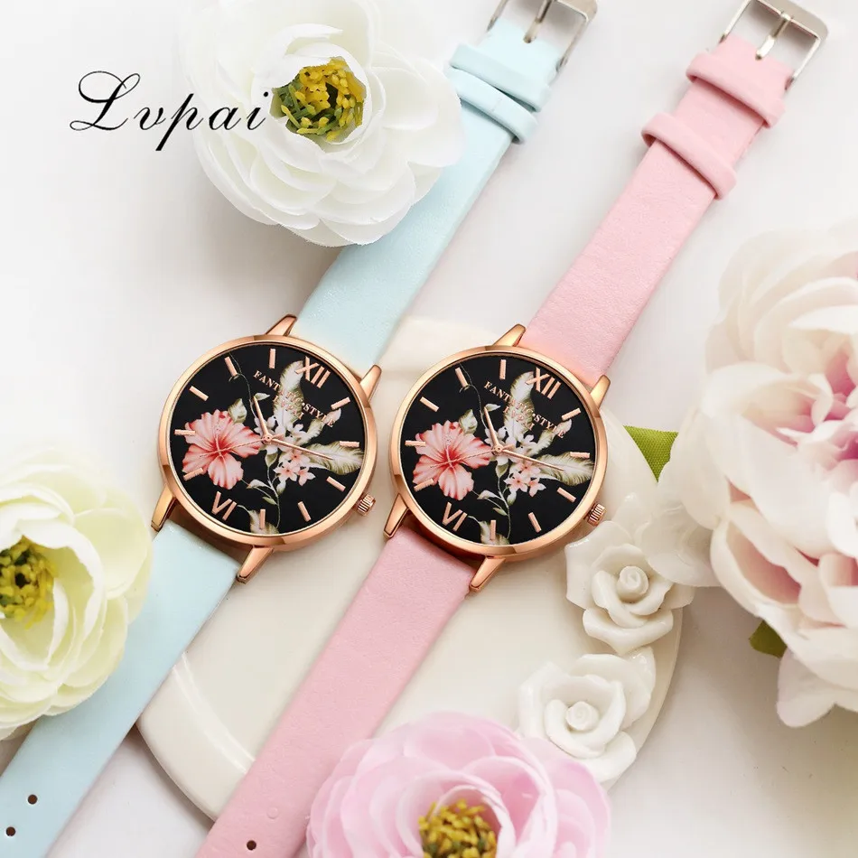 Lvpai Brand Women Bracelet Watch Fashion Rose Gold Flowers Leather Simple Women Dress Watches Luxury Business Clock Watch