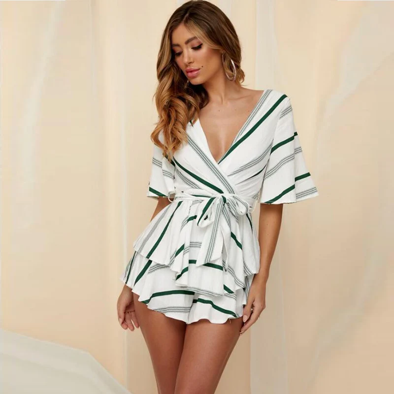 

jumpsuit women striped linen short combishort sexy bohemian jump suit one piece for womens V neck jumpsuits backless summer 2019