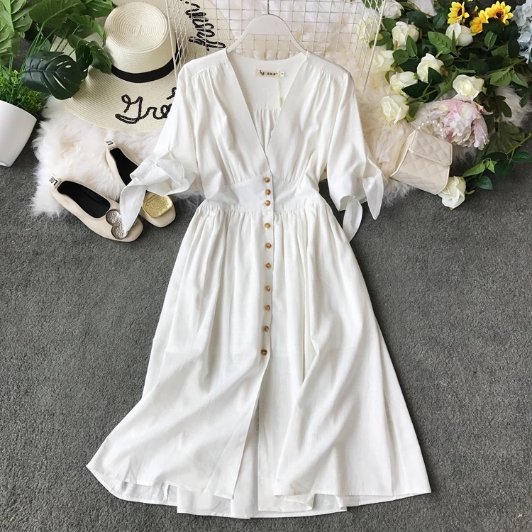 Женское ретро платье с короткими рукавами лето женский белый v-образный вырез праздничное белое элегантное Vestidos F307