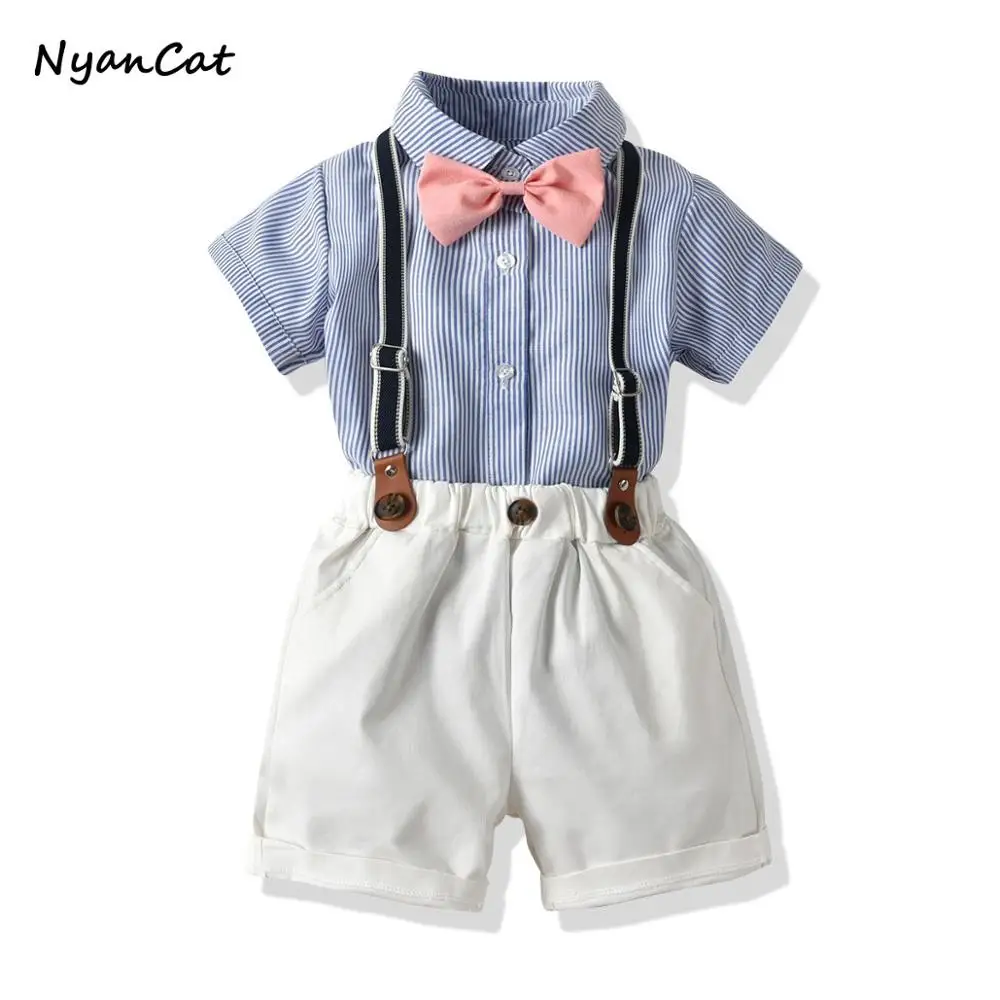 Детская одежда для маленьких мальчиков летние костюмы в полоску для маленьких джентльменов рубашка+ галстук-бабочка+ подтяжки+ штаны