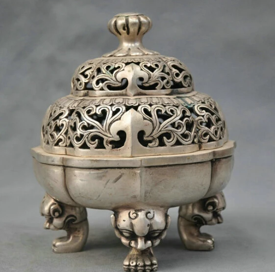 

8" China Silver Bronze 4 Legs Censer Lion Incense Burner R0712