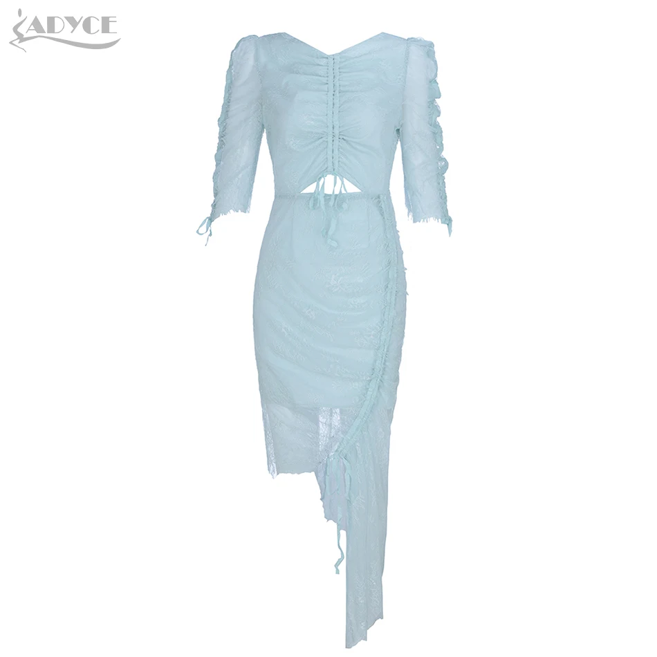 

ADYCE New Sky Blue Celebrity Evening Party Dress Vestidos Verano 2019 Sexy Half Sleeve Lace Hollow Out Bodycon Runway Club Dress