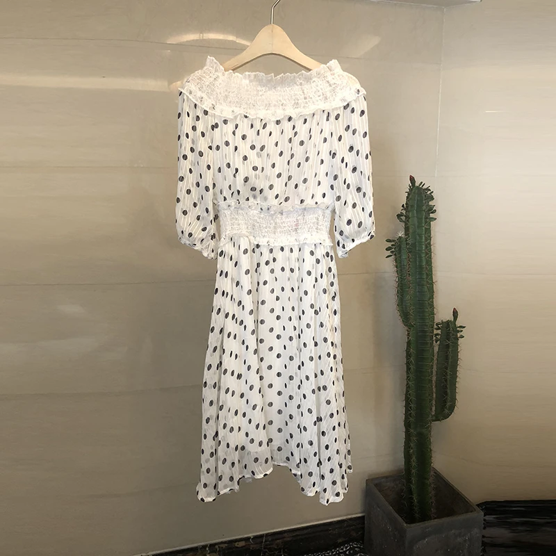 Французский Красивый одно плечо летнее пикантное платье vestidos Verano Mujer женские миди вечерние в горошек черное платье Lato N9549