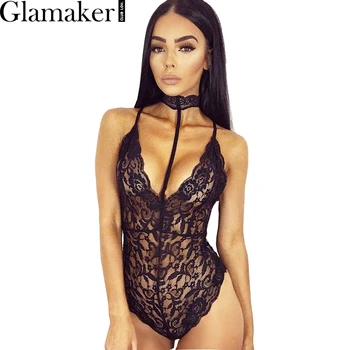 Glamaker Halter bodycon lace jumpsuit romper Elegant floral sleeveless bodysuit women Backless slim party sexy bodysuit