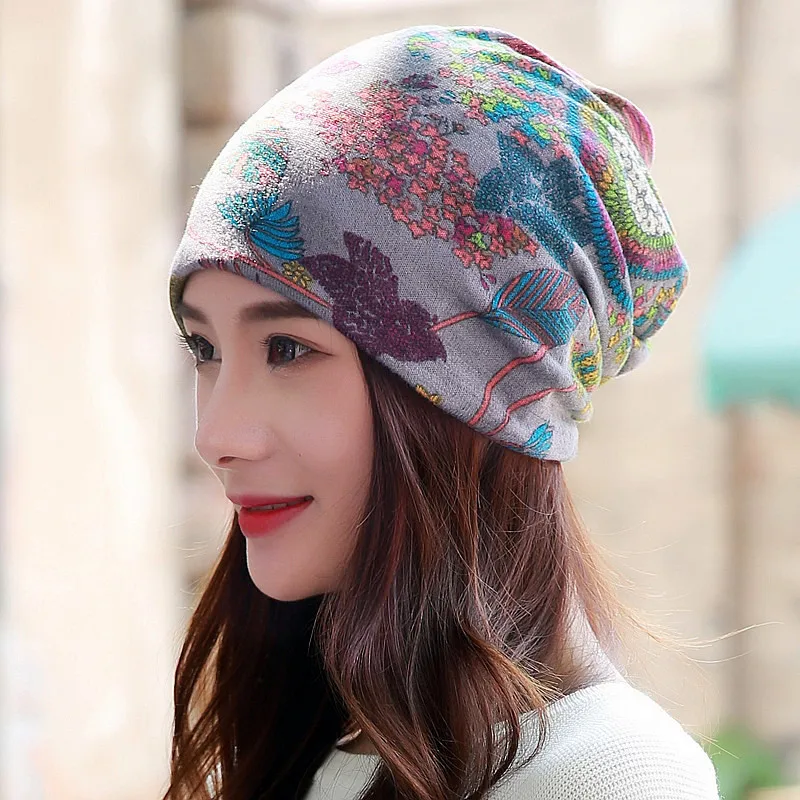 Long Keeper Hot! Women Hat Polyester Adult Casual Floral Women Hats Spring Autumn Female Cap Scarf 5 Colors Fashion Beanies