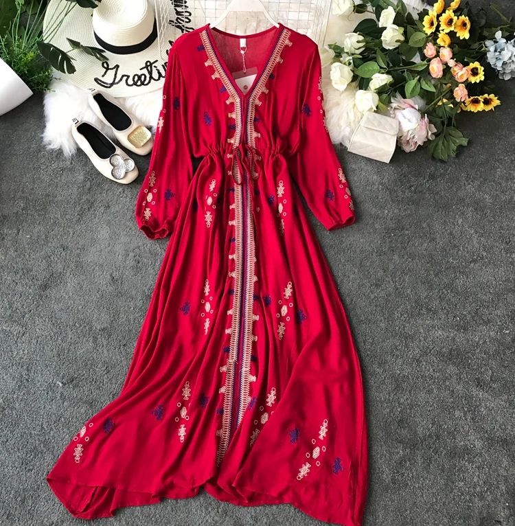 Богемное национальное хлопковое льняное платье с вышивкой, красное тонкое платье большого размера, женское праздничное пляжное элегантное платье F280