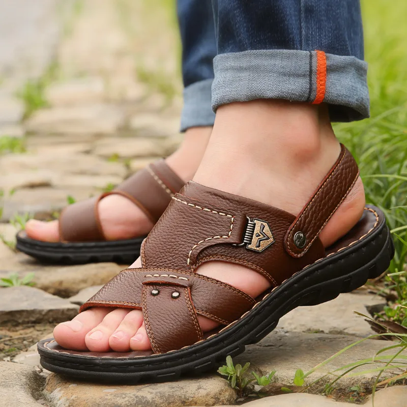 2019 Summer Big Size Men's Sandals British Fashion Genuine Leather Beach Shoes Mens Casual Massage Non-Slip Large Slippers Flats 2019 Summer Big Size Men's Sandals British Fashion Genuine Leather Beach Shoes Mens Casual Massage Non-Slip Large Slippers Flats
