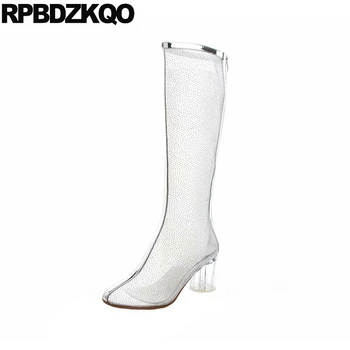 

cut out summer long slim knee high silver designer shoes women luxury 2019 handmade sexy bling chunky mesh sandals boots heel