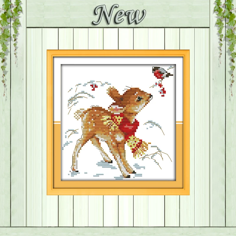 

Cute Deer and bird flowers Christmas painting counted print on fabric DMC 14CT 11CT Cross Stitch Needlework kits Embroidery Sets