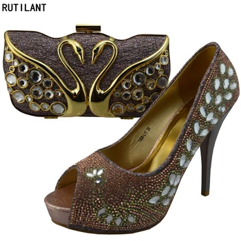 

Grey Peach Color Women Shoe and Bag To Match for Parties African Wedding Shoe and Bag Set Decorated with Rhinestone Italian Shoe